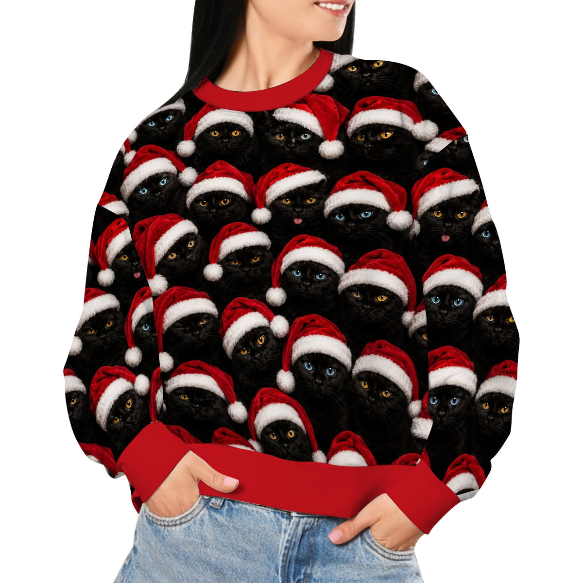 Lifestyle image of an adult wearing the black christmas ugly sweater
