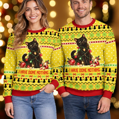 Detailed back view of the yellow Christmas cats ugly sweater