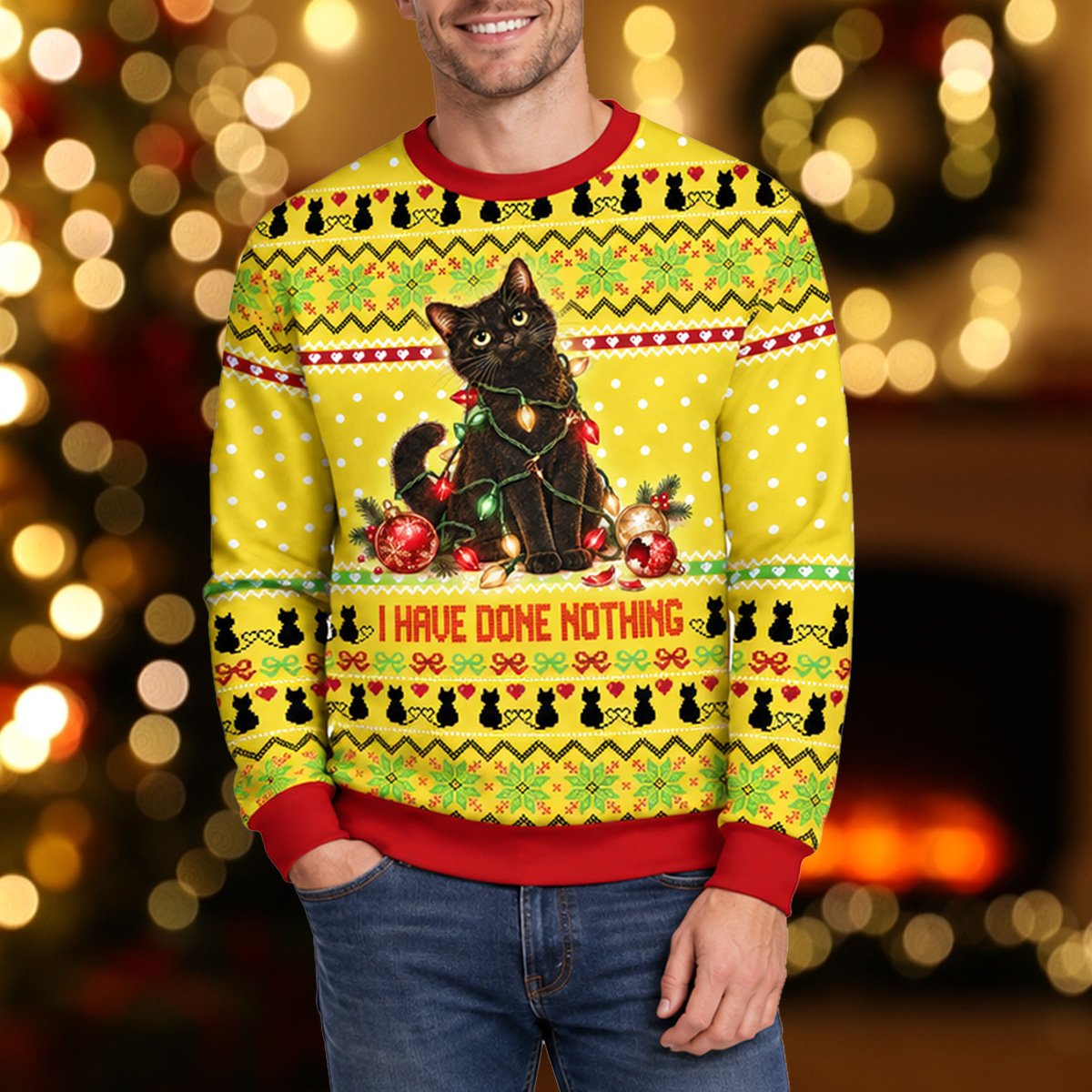 Ugly christmas sweater yellow featuring a black cat tangled in lights, main front view