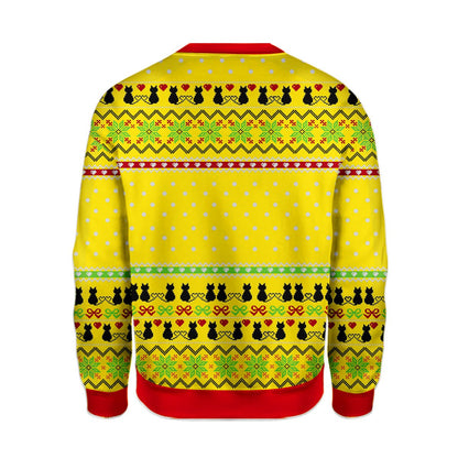 Another lifestyle shot of the holiday ugly sweater with cat design