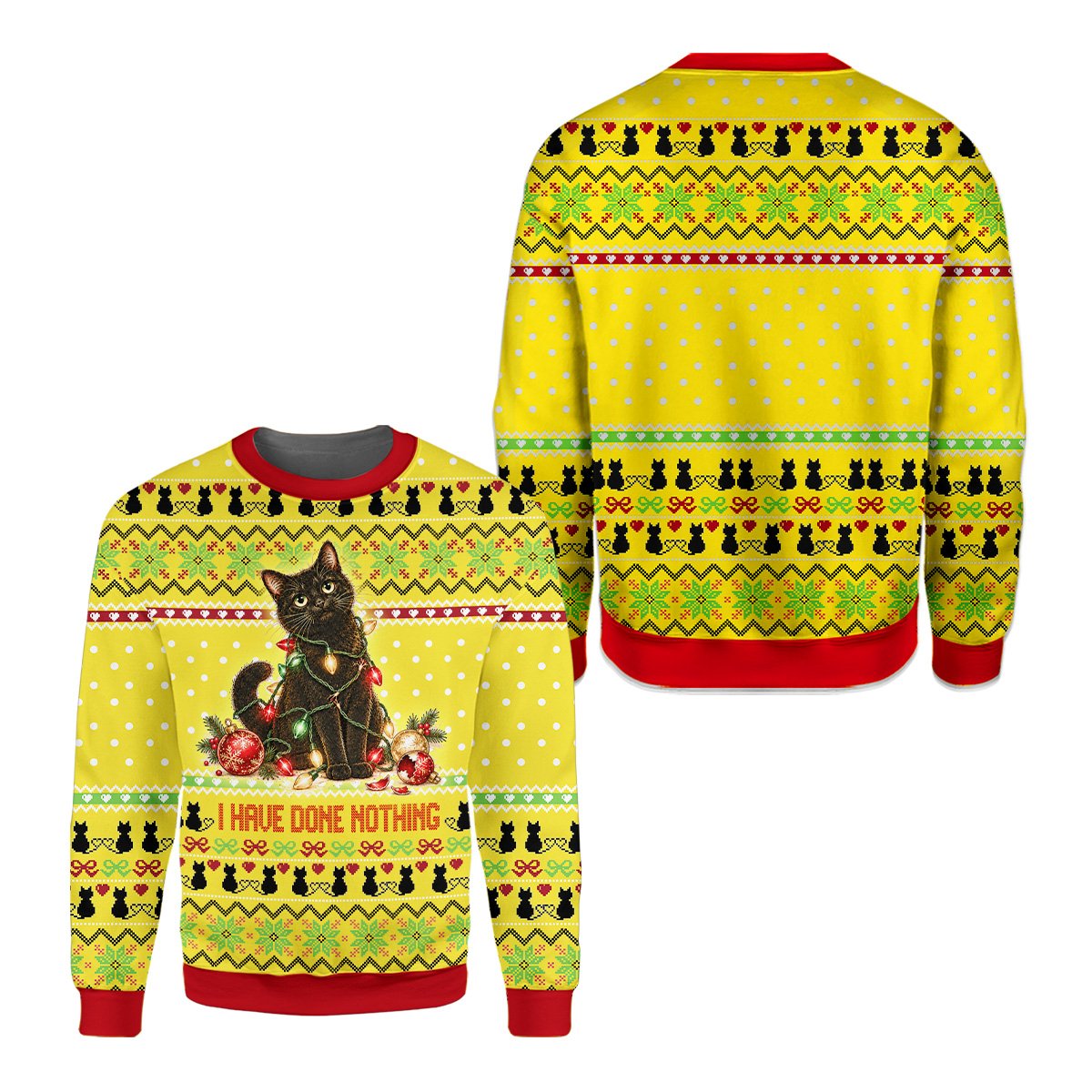 Person modeling the bright yellow Christmas cat sweater