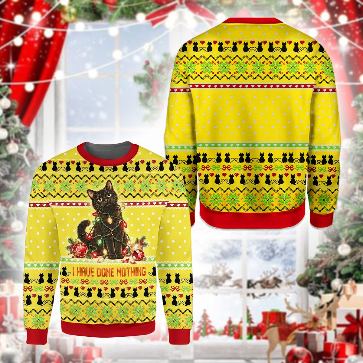 Lifestyle view of someone wearing the ugly christmas sweater yellow in a festive setting