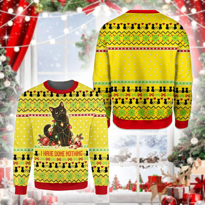 Lifestyle view of someone wearing the ugly christmas sweater yellow in a festive setting
