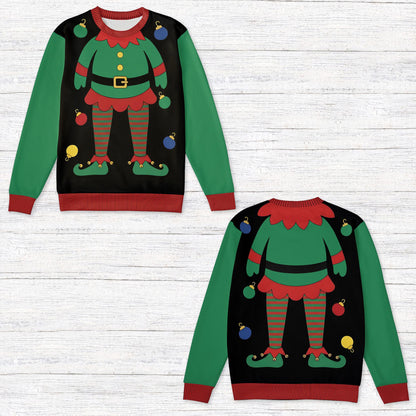 Black christmas characters ugly sweater with festive printed details, front view