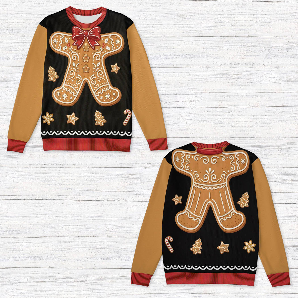 Another black christmas characters ugly sweater design, front view