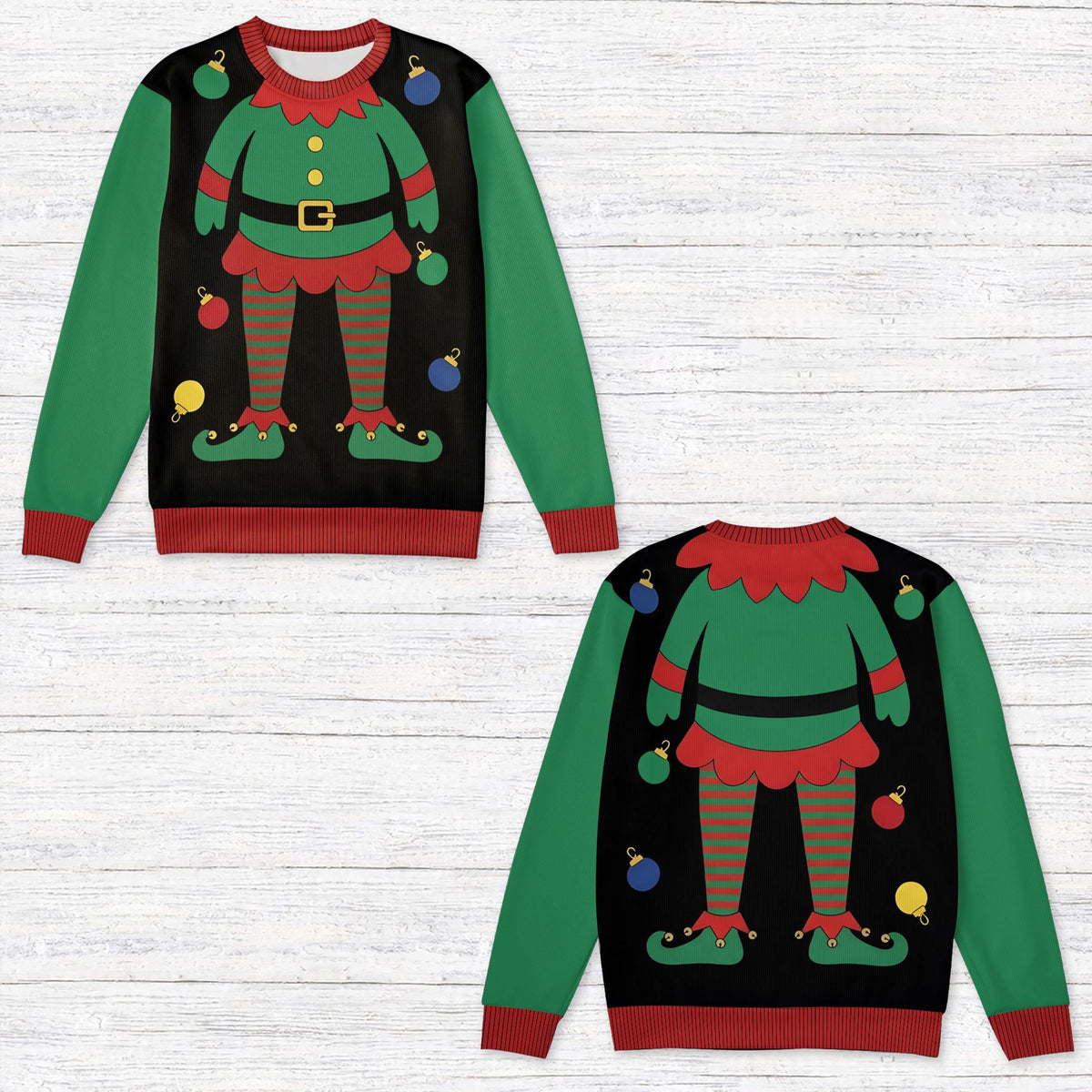 Black holiday ugly sweater with festive character features, front view