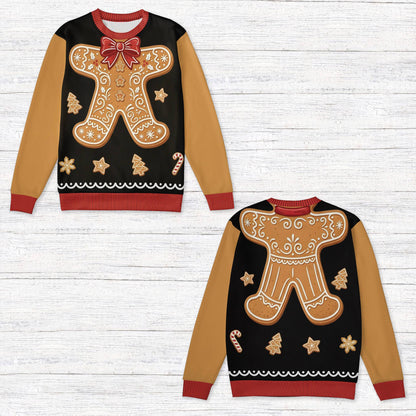 Classic black christmas characters ugly sweater, front view
