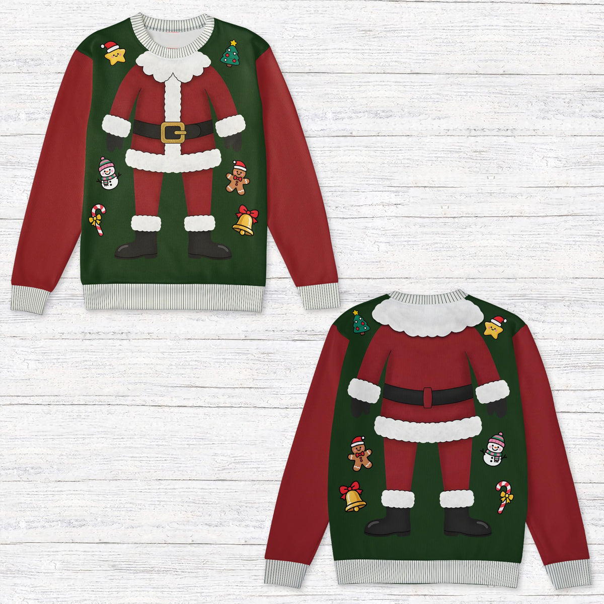 Green christmas ugly sweater highlighting elf or character design, front view