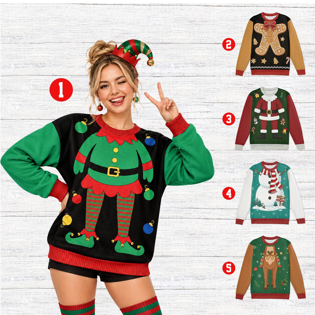 Adult wearing a multicolor christmas characters ugly sweater in a lifestyle setting