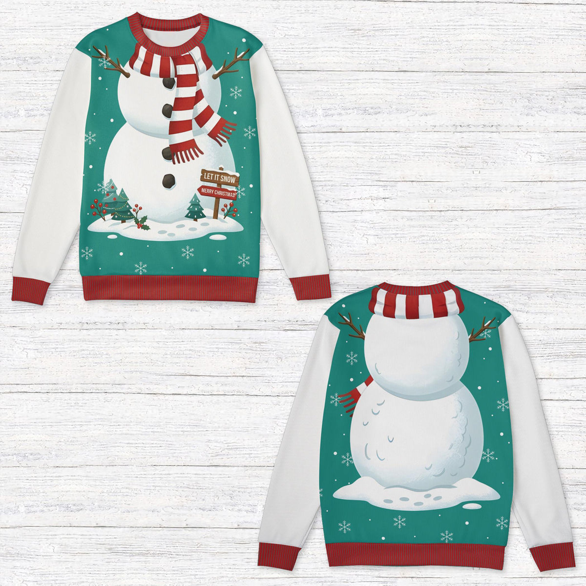 Teal christmas characters ugly sweater with holiday patterns, front view