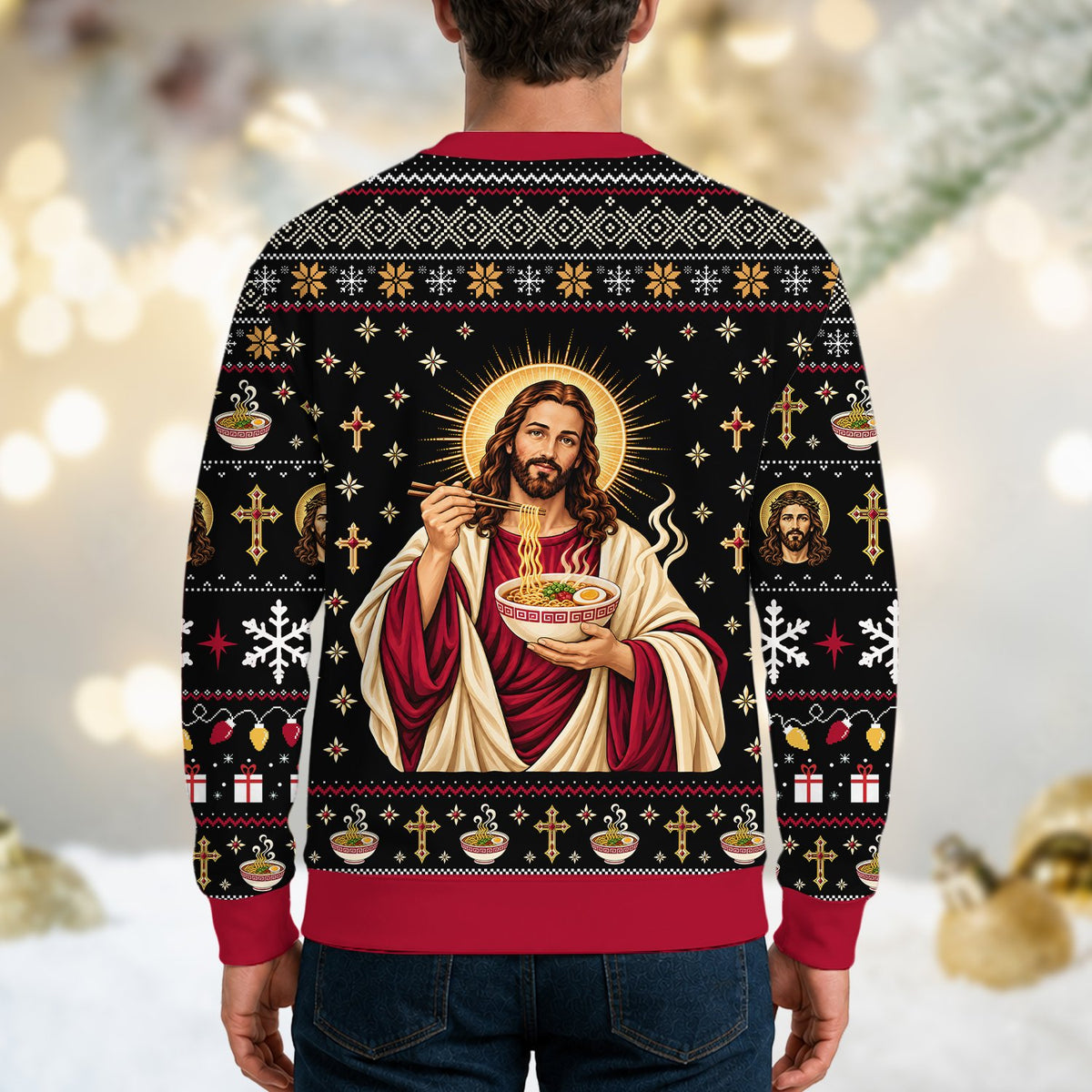 Additional back view of the black and red ugly sweater