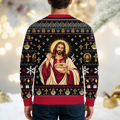 Additional back view of the black and red ugly sweater