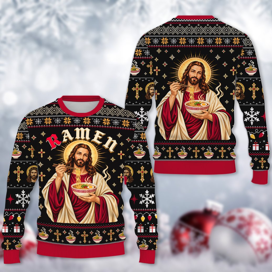 Another front view of the black ugly sweater with Jesus design