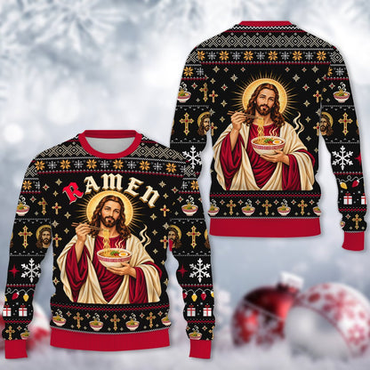 Another front view of the black ugly sweater with Jesus design