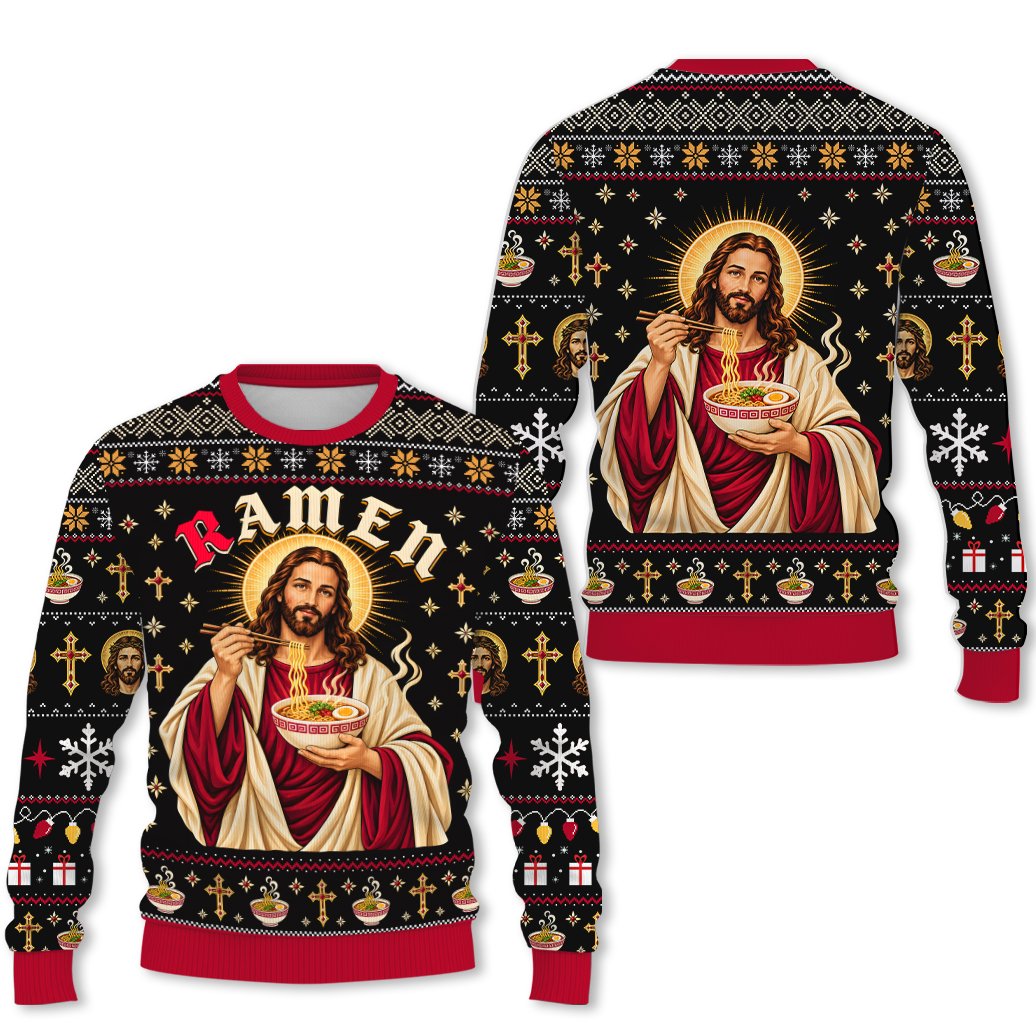 Humorous Jesus eating ramen christmas / faith / funny ugly sweater, main view