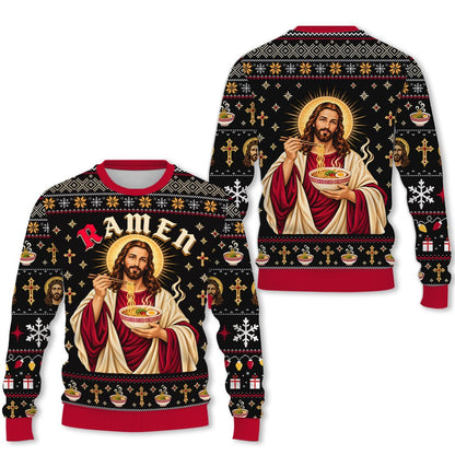 Humorous Jesus eating ramen christmas / faith / funny ugly sweater, main view