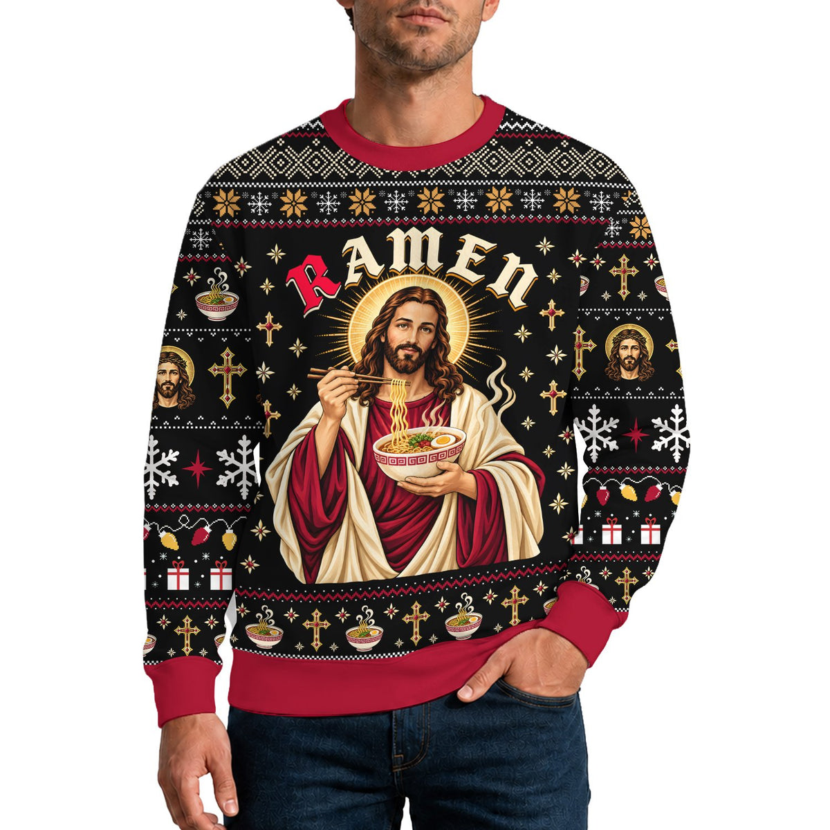 Another lifestyle view of the holiday ugly sweater in a festive setting