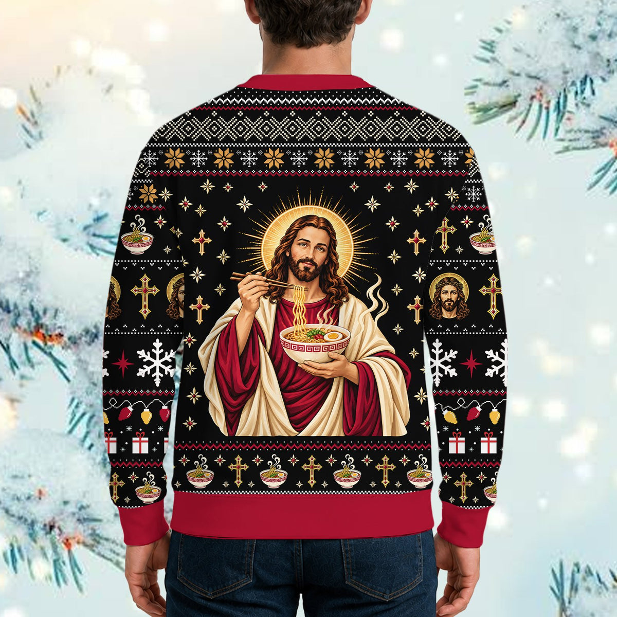 Close-up lifestyle view of the funny faith-themed ugly sweater