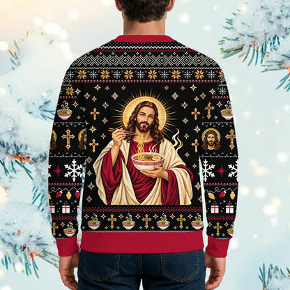 Close-up lifestyle view of the funny faith-themed ugly sweater