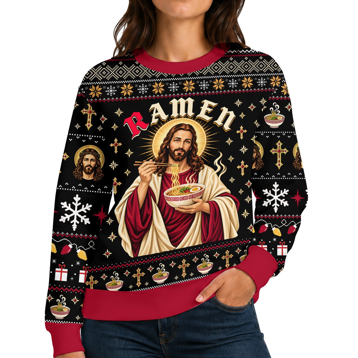 Person wearing the humorous Jesus eating ramen ugly sweater