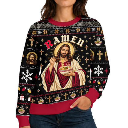 Person wearing the humorous Jesus eating ramen ugly sweater