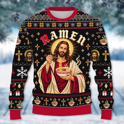 Front view of the humorous Jesus eating ramen ugly sweater