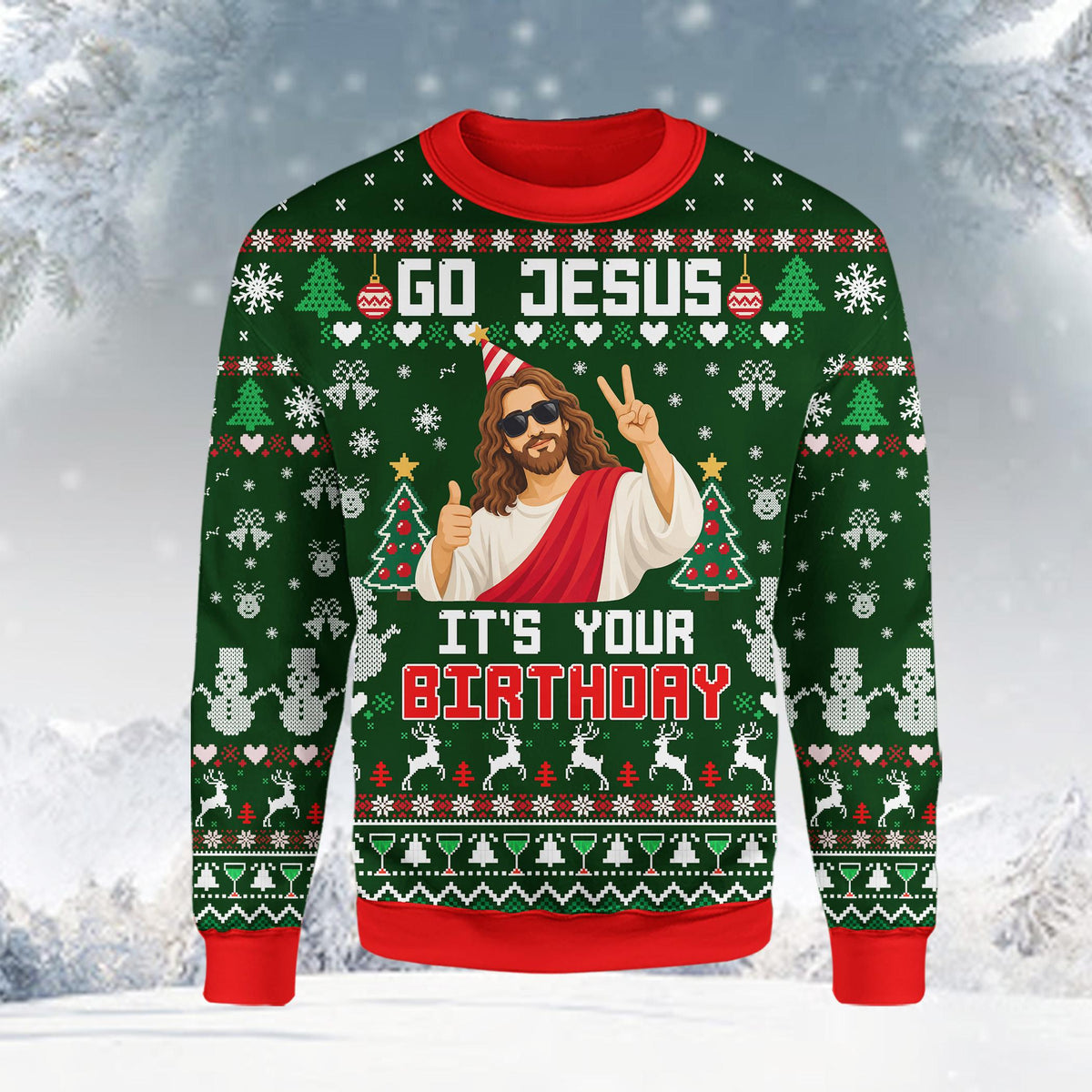 Front view of the green Christmas ugly sweater with Jesus design