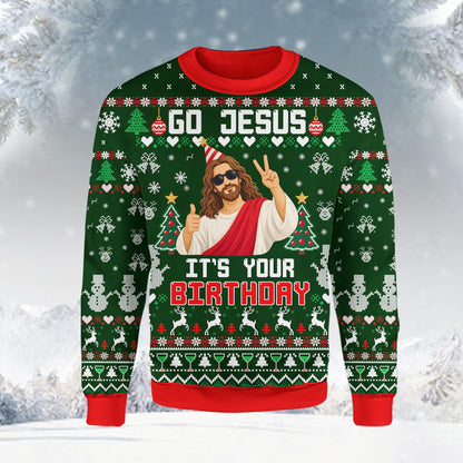 Front view of the green Christmas ugly sweater with Jesus design