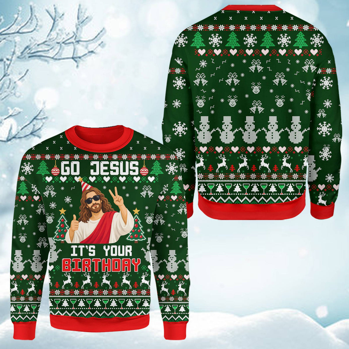 Detailed back view of the green holiday sweater