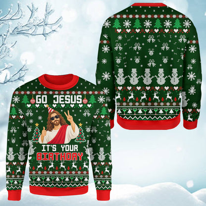 Detailed back view of the green holiday sweater