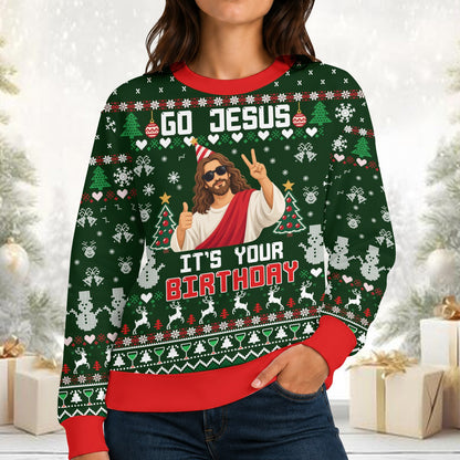 Another lifestyle view wearing the holiday sweater