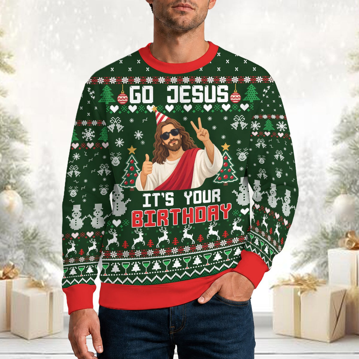Lifestyle view of an adult wearing the birthday ugly sweater
