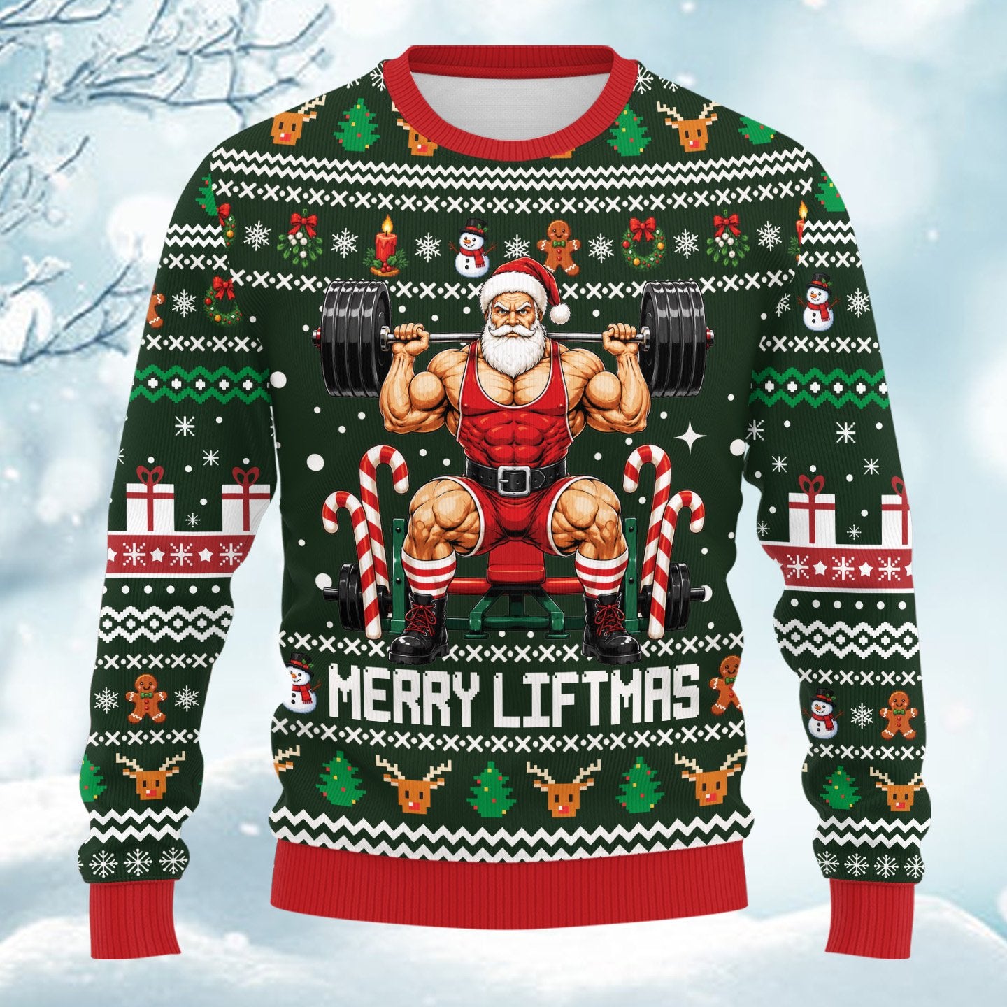 Detailed front view of the green christmas fitness ugly sweater