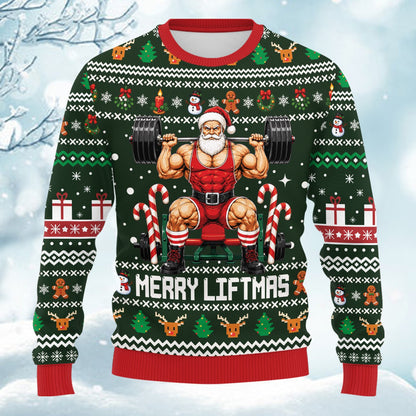 Detailed front view of the green christmas fitness ugly sweater
