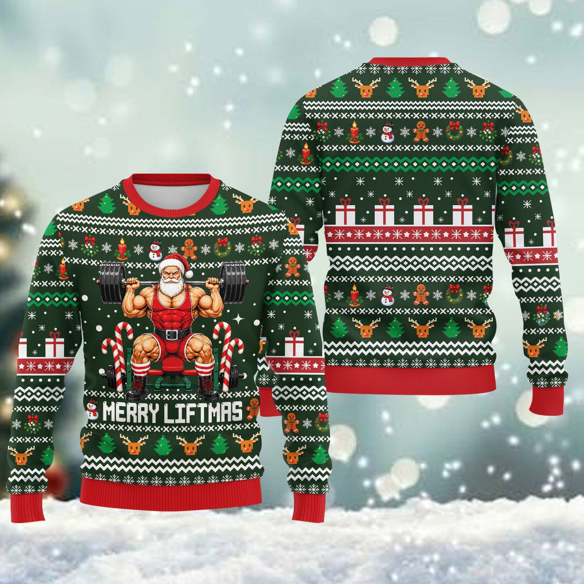 Close up front view of the bodybuilder Santa on the ugly sweater