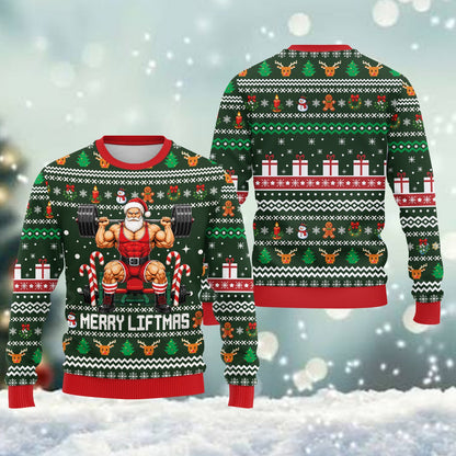 Close up front view of the bodybuilder Santa on the ugly sweater
