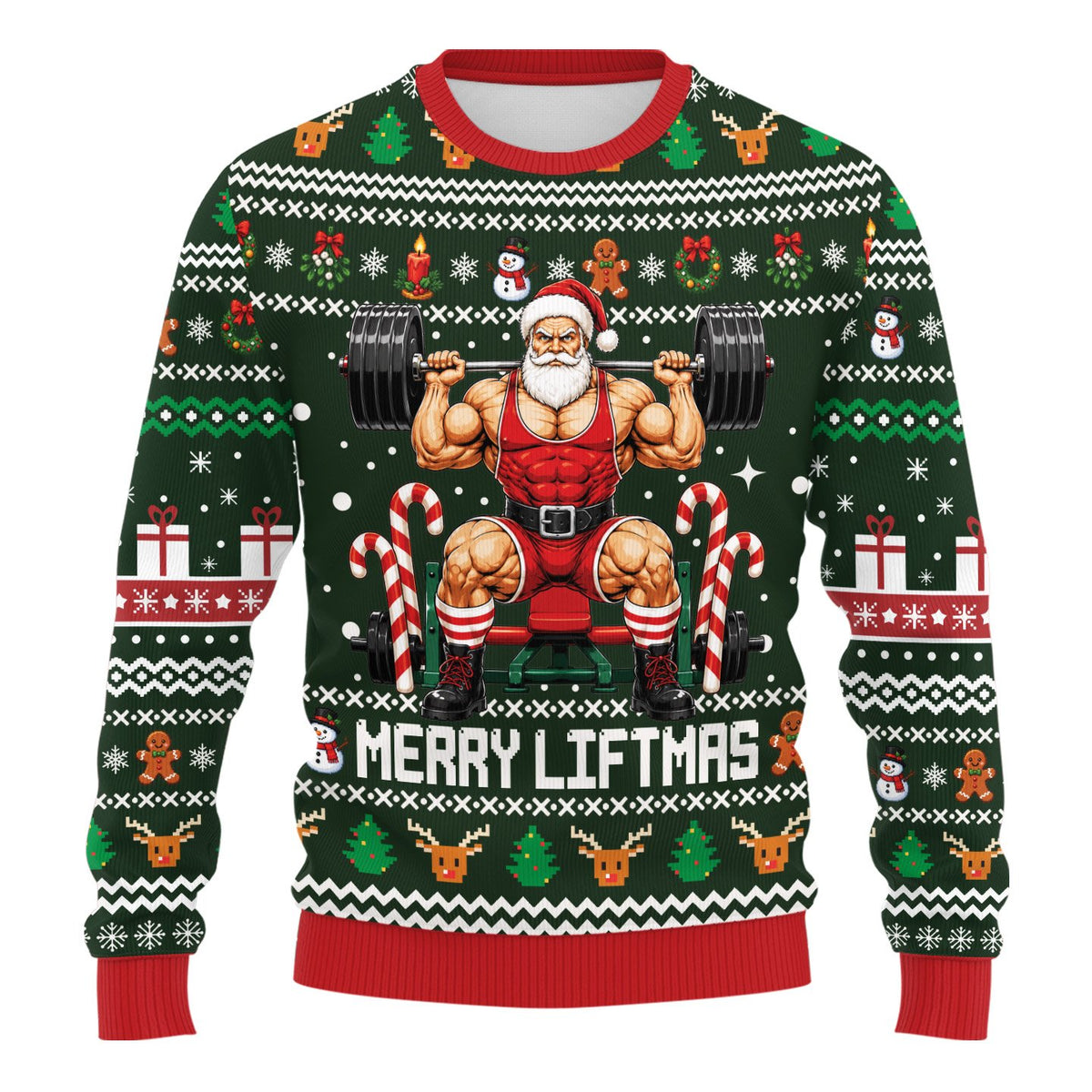 Green fitness ugly christmas sweater with bodybuilder Santa Claus, main view