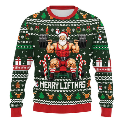 Front view of the green fitness ugly christmas sweater