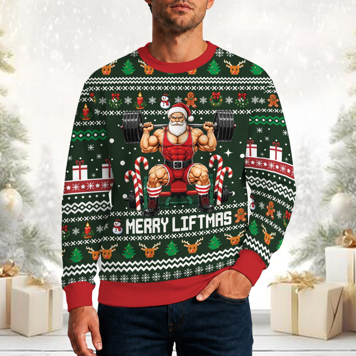 Lifestyle view of someone wearing the fitness ugly christmas sweater