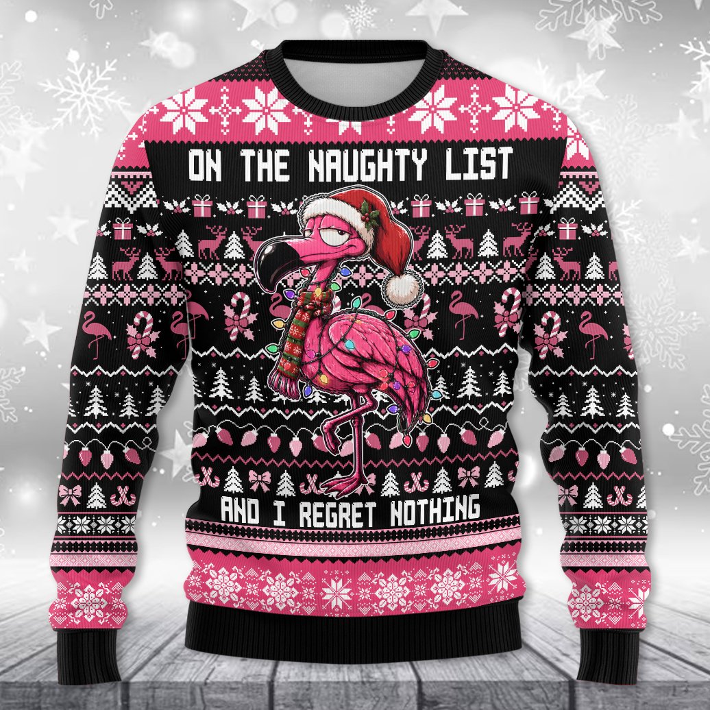 Alternative front view of the flamingo holiday ugly sweater