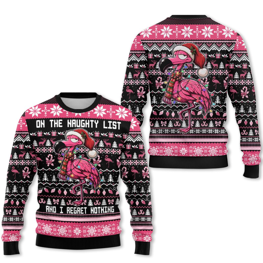 Front view of the black ugly christmas sweater with flamingo and holiday pattern