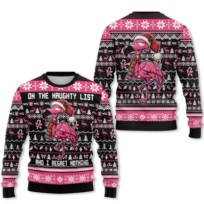 Front view of the black ugly christmas sweater with flamingo and holiday pattern