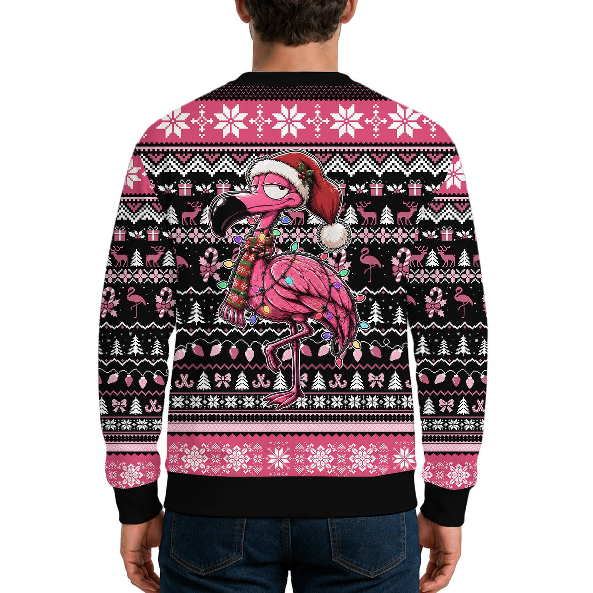 Another lifestyle view of the flamingo ugly christmas sweater