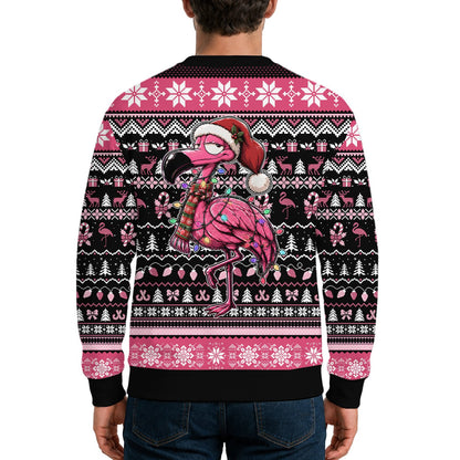Another lifestyle view of the flamingo ugly christmas sweater