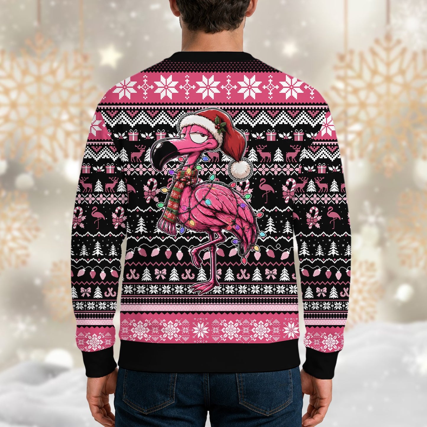 Lifestyle view of a person wearing the black ugly christmas sweater