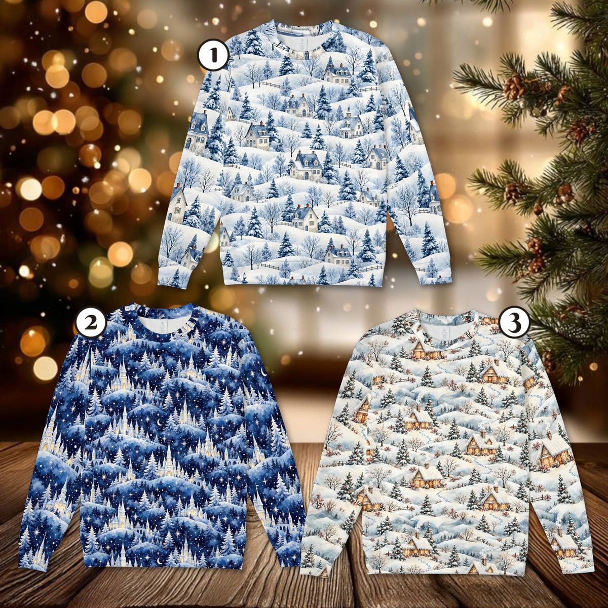 Blue christmas ugly sweater showcasing snow-covered hills and houses, front view