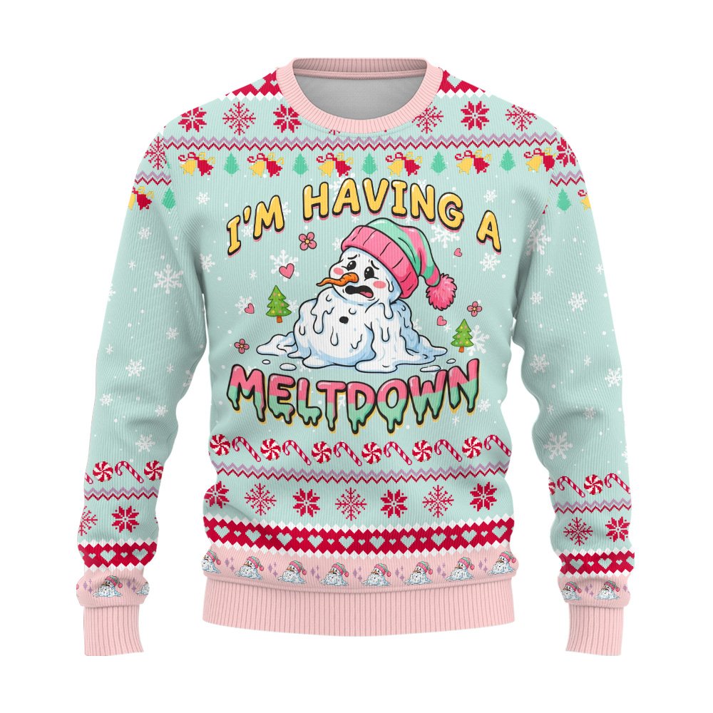 Front view of the pastel mint green and pink ugly holiday sweater featuring a melting snowman design