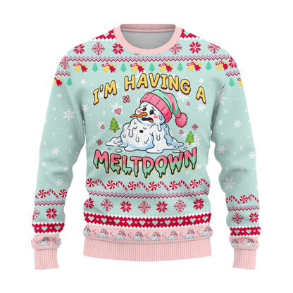 Front view of the pastel mint green and pink ugly holiday sweater featuring a melting snowman design
