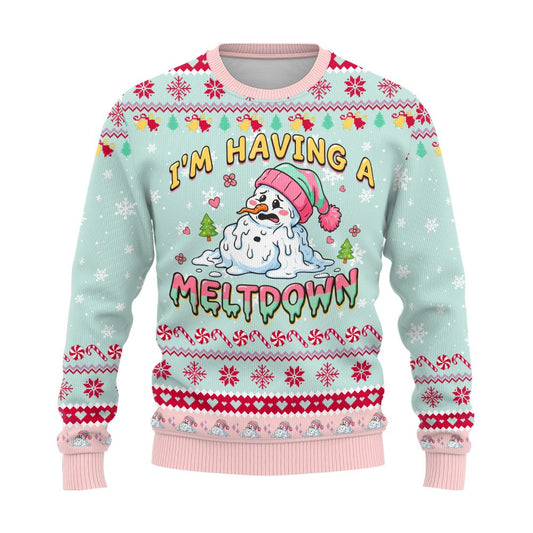 Front view of the pastel mint green and pink ugly holiday sweater featuring a melting snowman design