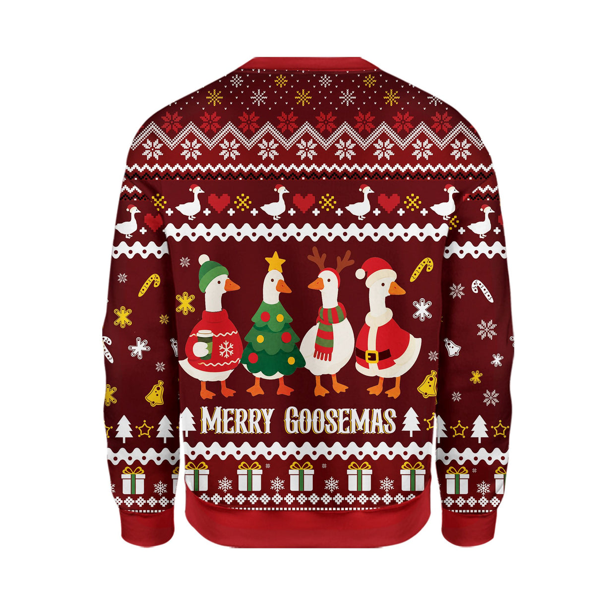Back view of the maroon christmas geese ugly sweater showing the repeating festive pattern